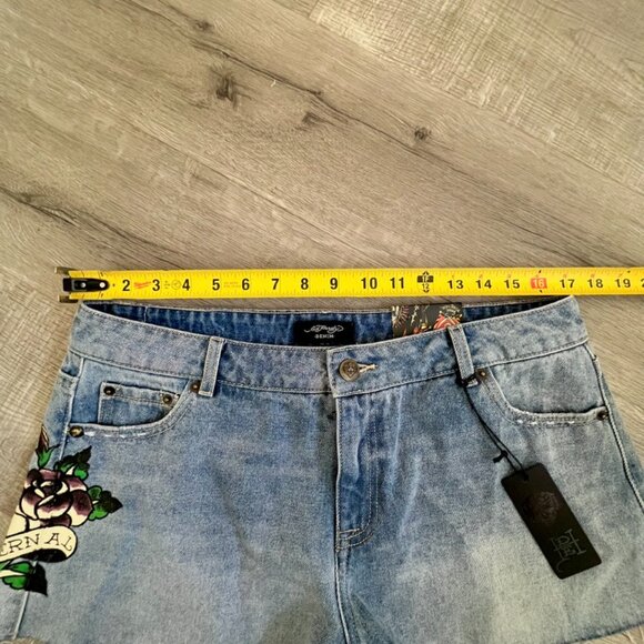 Ed Hardy-Love Eternal-Jean Denim Shorts-Light Vintage Blue-Heart/Flower-Size 30 - Picture 6 of 14